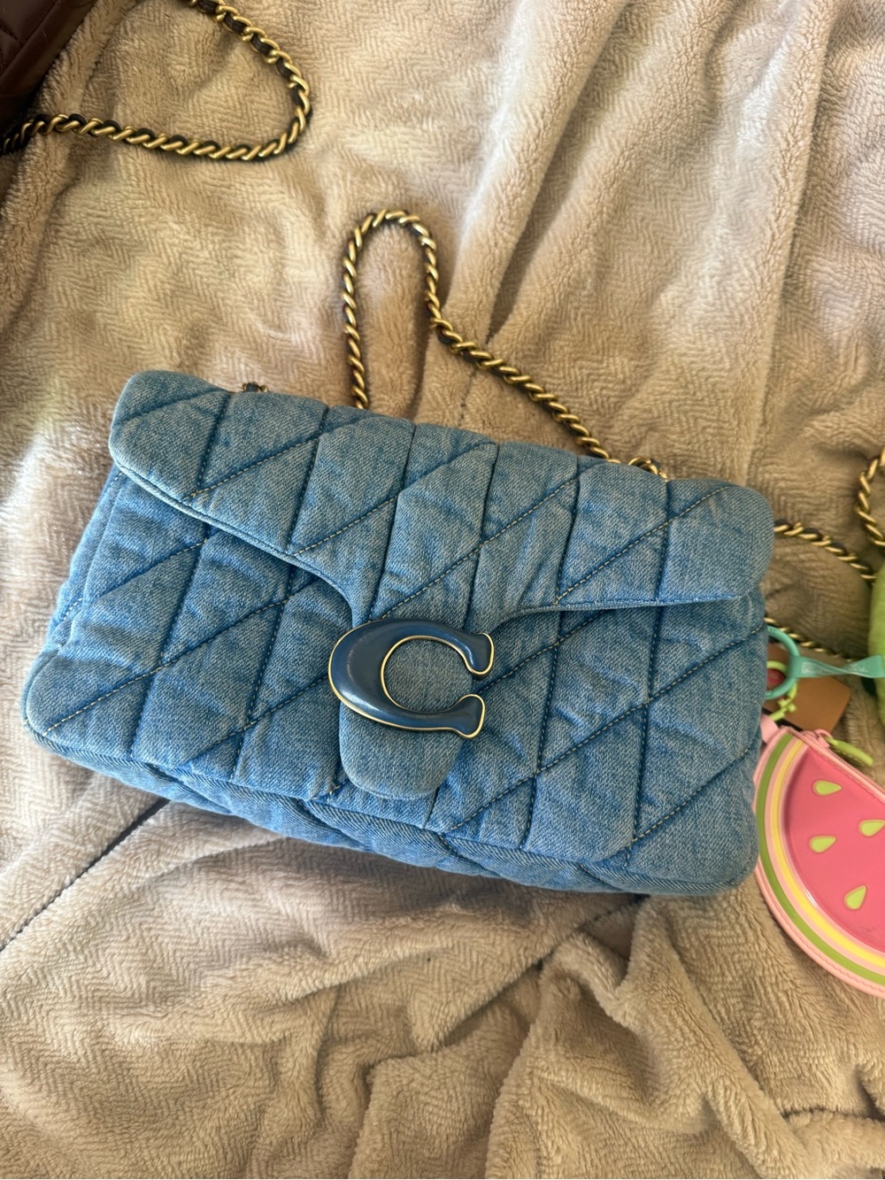 Quilted Denim Shoulder Bag with Gold Chain - Blue